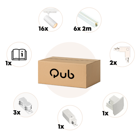 Qub Zoom 3-fase LED Railverlichting Set - Wit, U-Vorm, 3 X 4 Meter, 16 Spots Instelbare Helderheid Qub Zoom 3-fase LED Railverlichting Set - Wit, U-Vorm, 3 X 4 Meter, 16 Spots Instelbare Helderheid