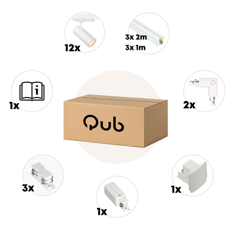 Qub Zoom Set de rails LED triphasés - Blanc, forme en U, 3 X 3 mètres, 12 spots à luminosité réglable