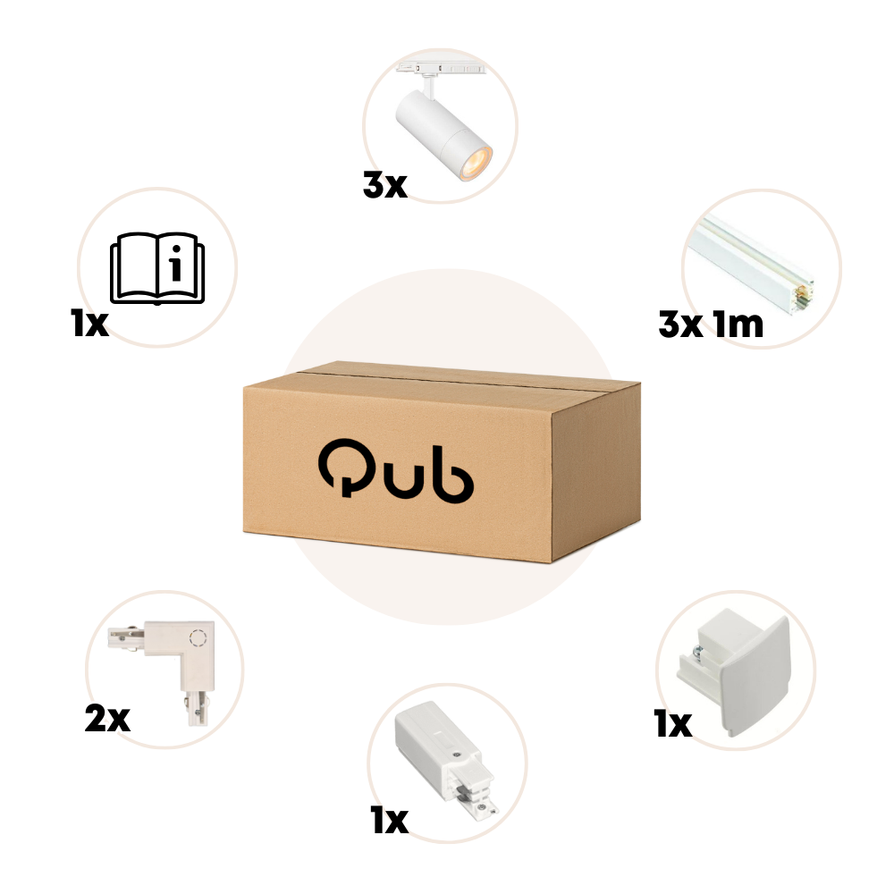 Qub Zoom Set de rails d'éclairage LED triphasé - Blanc, forme en U, 3 x 1 mètre, 3 spots à luminosité réglable Qub Zoom Set de rails d'éclairage LED triphasé - Blanc, forme en U, 3 x 1 mètre, 3 spots à luminosité réglable