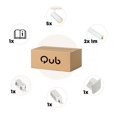 Qub Set d'Éclairage sur Rail LED Zoom - Blanc,  2 mètres, 5 spots, Triphasé - Luminosité Réglable 20/25/30W & Couleurs de Lumière du Lumière Chaude à la Lumière du Jour (2700K, 3000K et 4000K)
