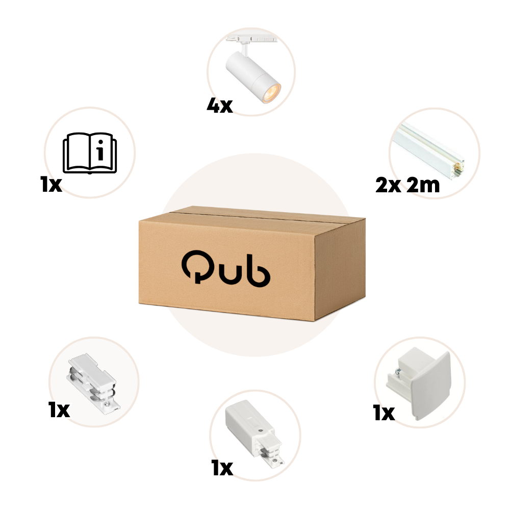 Qub Set d'Éclairage sur Rail LED Zoom - Blanc, 4 mètres, 4 spots, Triphasé - Luminosité Réglable 20/25/30W & Couleurs de Lumière du Lumière Chaude à la Lumière du Jour (2700K, 3000K et 4000K)