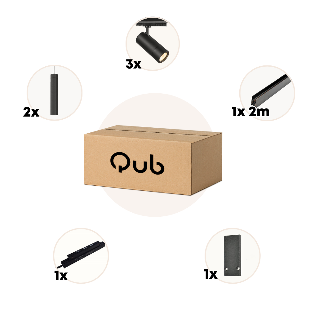 Qub Set de Rail Magnétique - 2 Mètres - 3x Spot de Rail Simple + 2x Suspension Simple - Noir - Zigbee - Éclairage Intelligent Qub Set de Rail Magnétique - 2 Mètres - 3x Spot de Rail Simple + 2x Suspension Simple - Noir - Zigbee - Éclairage Intelligent