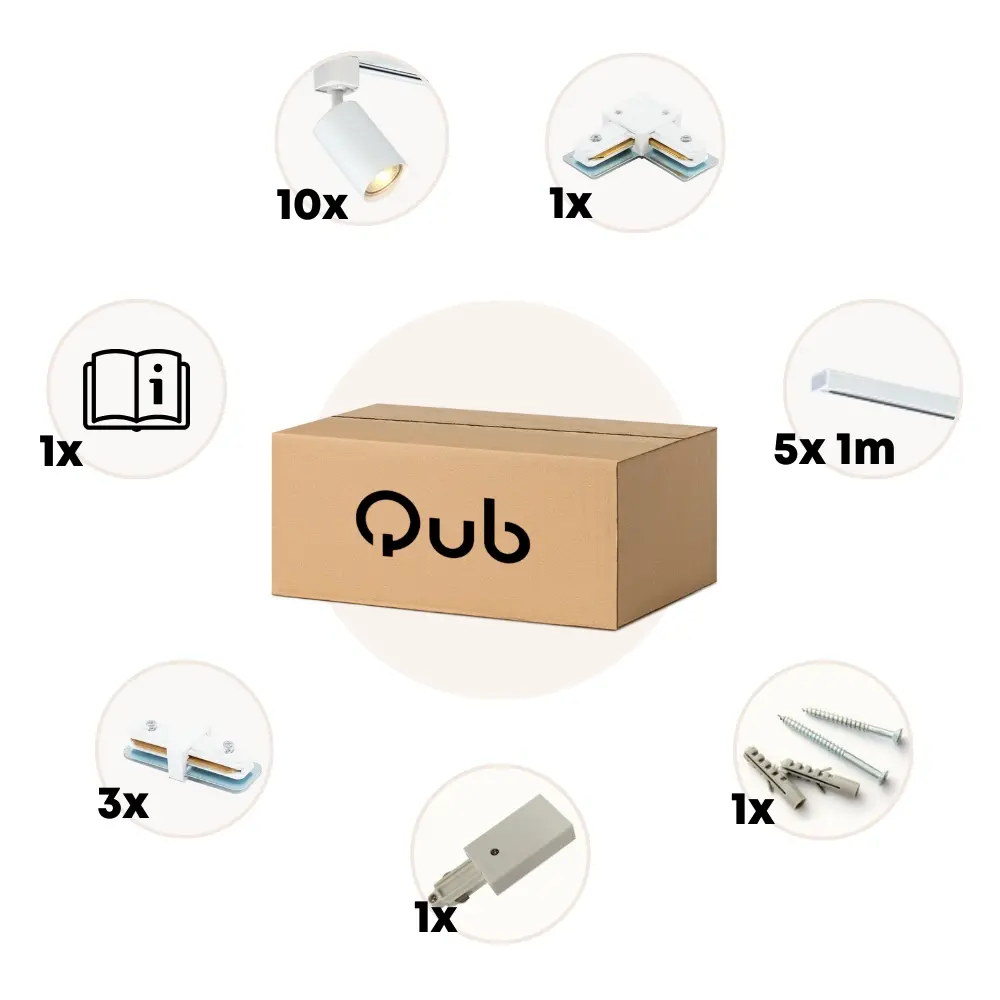 Qub Focus III - 1-Phase Track Lighting - GU10 – 500cm – L-Shape - 10 Spots - Track System - White Qub Focus III - 1-Phase Track Lighting - GU10 – 500cm – L-Shape - 10 Spots - Track System - White