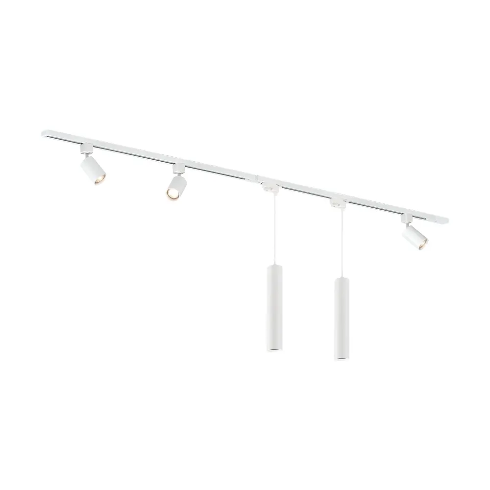Qub Qub Focus III 1-Phasen Led Schienensystem Komplettset - 300cm - Set 3 Spots und 2 Pendelleuchten - 3x 1m Schienen - I-Form - GU10 & LED-Kompatibel - Erweiterbar & flexibel - Spot lampe - Weiß