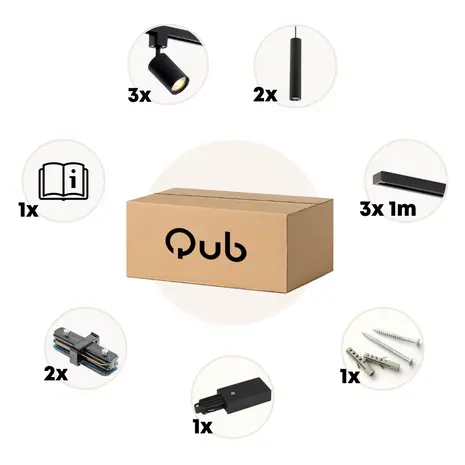 Qub Focus III railverlichting 3 spots en 2 hanglampen zwart - 300cm - I-vorm Qub Focus III railverlichting 3 spots en 2 hanglampen zwart - 300cm - I-vorm