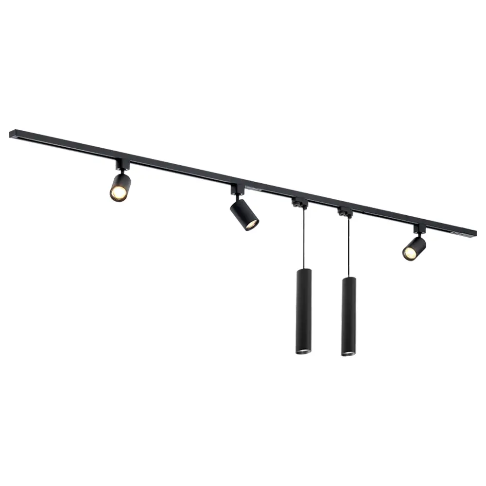 Qub  Focus III track lighting 3 spotlights and 2 pendant lamps black - 300cm - I-shape Qub  Focus III track lighting 3 spotlights and 2 pendant lamps black - 300cm - I-shape