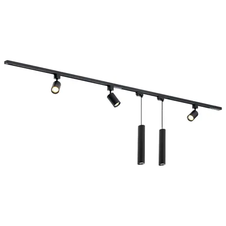 Qub  Focus III track lighting 3 spotlights and 2 pendant lamps black - 300cm - I-shape Qub  Focus III track lighting 3 spotlights and 2 pendant lamps black - 300cm - I-shape