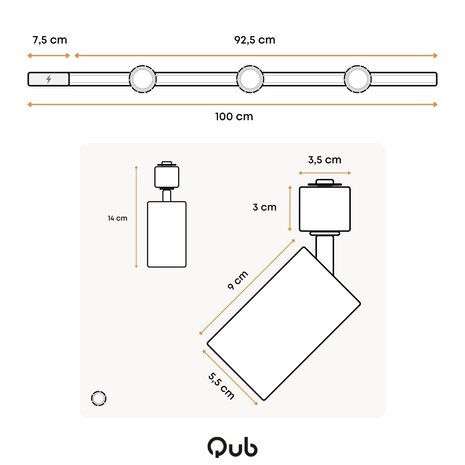 Qub Focus III - Éclairage sur rail à monophasé - GU10 – 100cm – forme de I - 3 spots - Système de rails - Or avec Noir