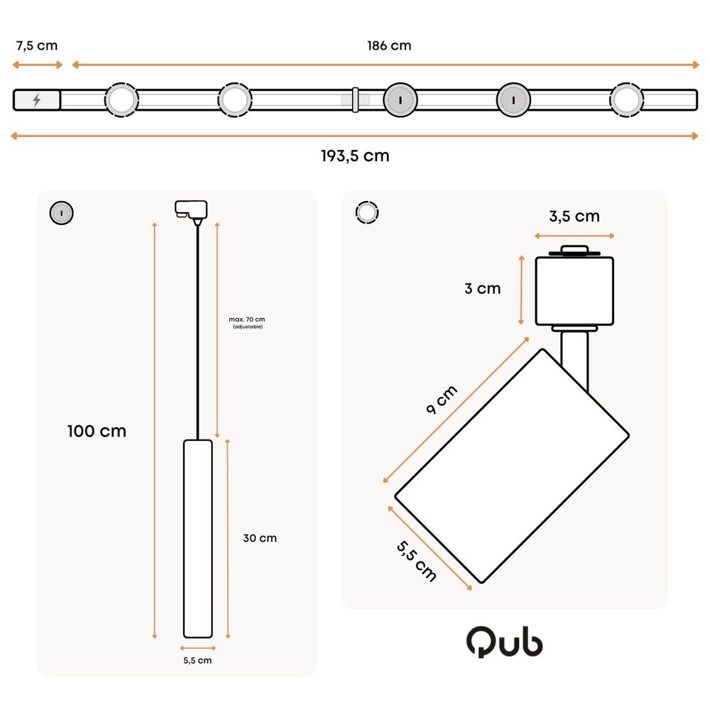 Qub Focus III 200cm 3 Spots and 2 Pendant Lamps GU10 Track Lighting Black Qub Focus III 200cm 3 Spots and 2 Pendant Lamps GU10 Track Lighting Black