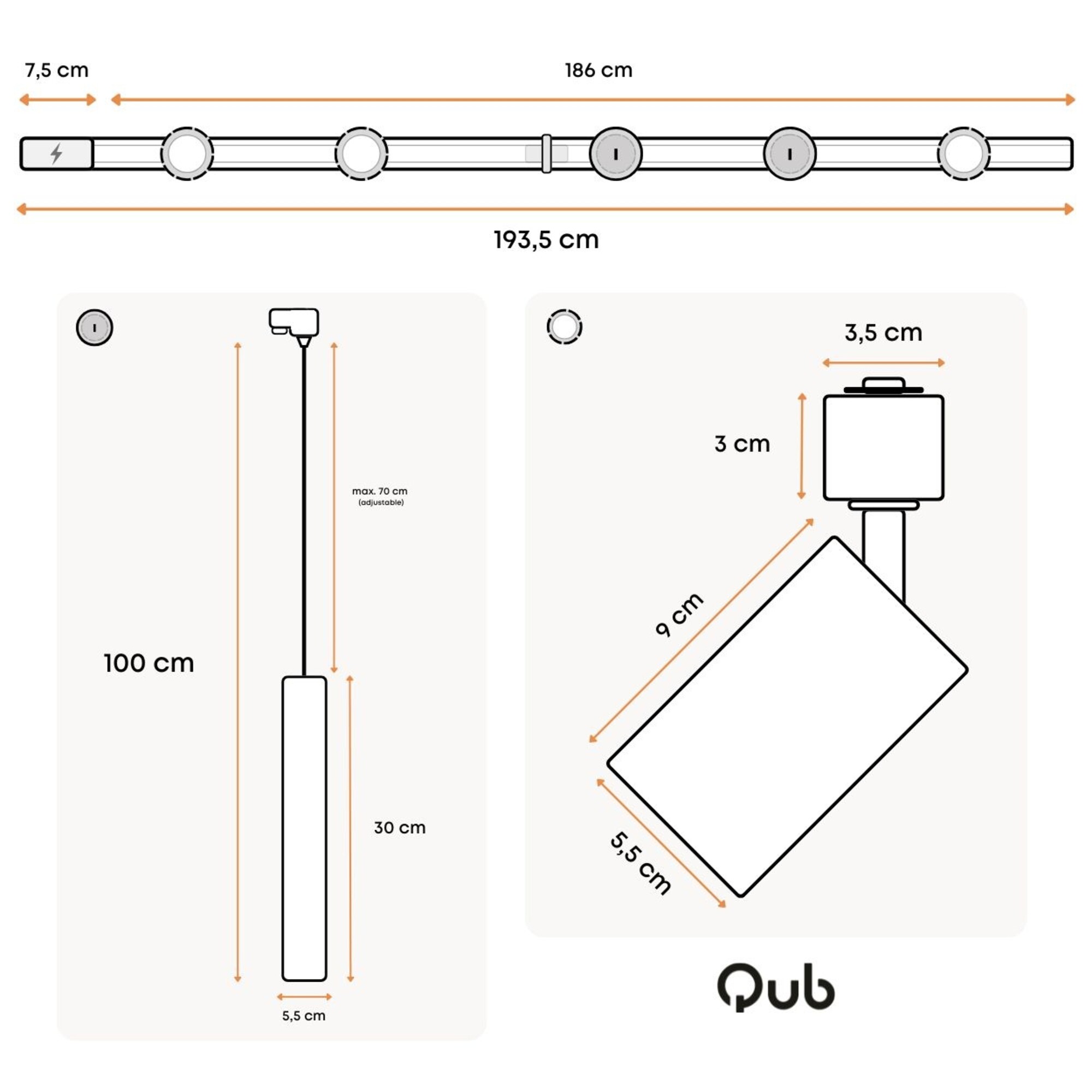 Railverlichting design Béa zwart set 1,8m 2 spots 3 pendels 5x4W | 124737