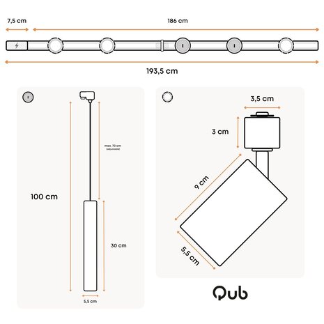 Qub Qub Focus III Monophasé Luminaire Plafonnier Kit Complet – 200cm - Set 3 Spot & 2 Suspension Luminaire - 2x 1m Barre de Spot Plafond –  I-Form - GU10 & LED Compatible Plafonnier intérieur Noir Moderne