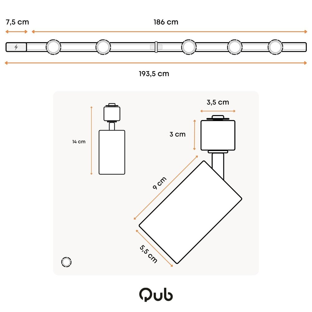 Qub Focus III - 1-Circuit Track Lighting - GU10 – 200cm – I-Shape - 5 Spots - Track System – Gold
