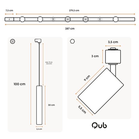 Qub Qub Focus III Monophasé Luminaire Plafonnier Kit Complet – 300cm - Set 3 Spot & 2 Suspension Luminaire - 3x 1m Barre de Spot Plafond –  I-Form - GU10 & LED Compatible Plafonnier intérieur Noir Moderne