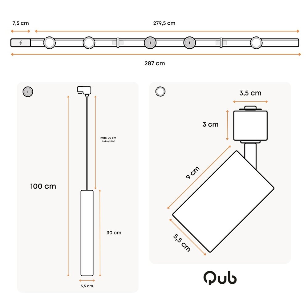 Qub Focus III railverlichting 3 spots en 2 hanglampen zwart - 300cm - I-vorm Qub Focus III railverlichting 3 spots en 2 hanglampen zwart - 300cm - I-vorm