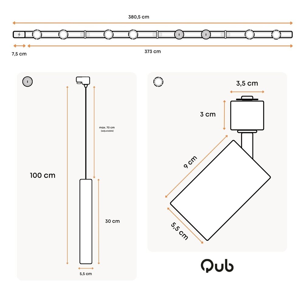 Qub Focus III Track Lighting 6 Spots and 2 Pendant Lights Black - 400cm - I-Shape