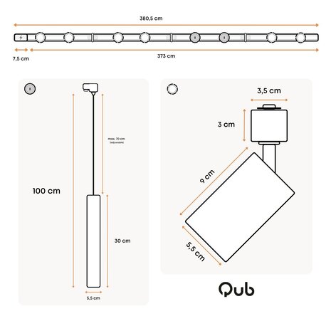Qub Éclairage sur rail Focus III, 6 spots et 2 suspensions Noir - 400cm - Forme en I