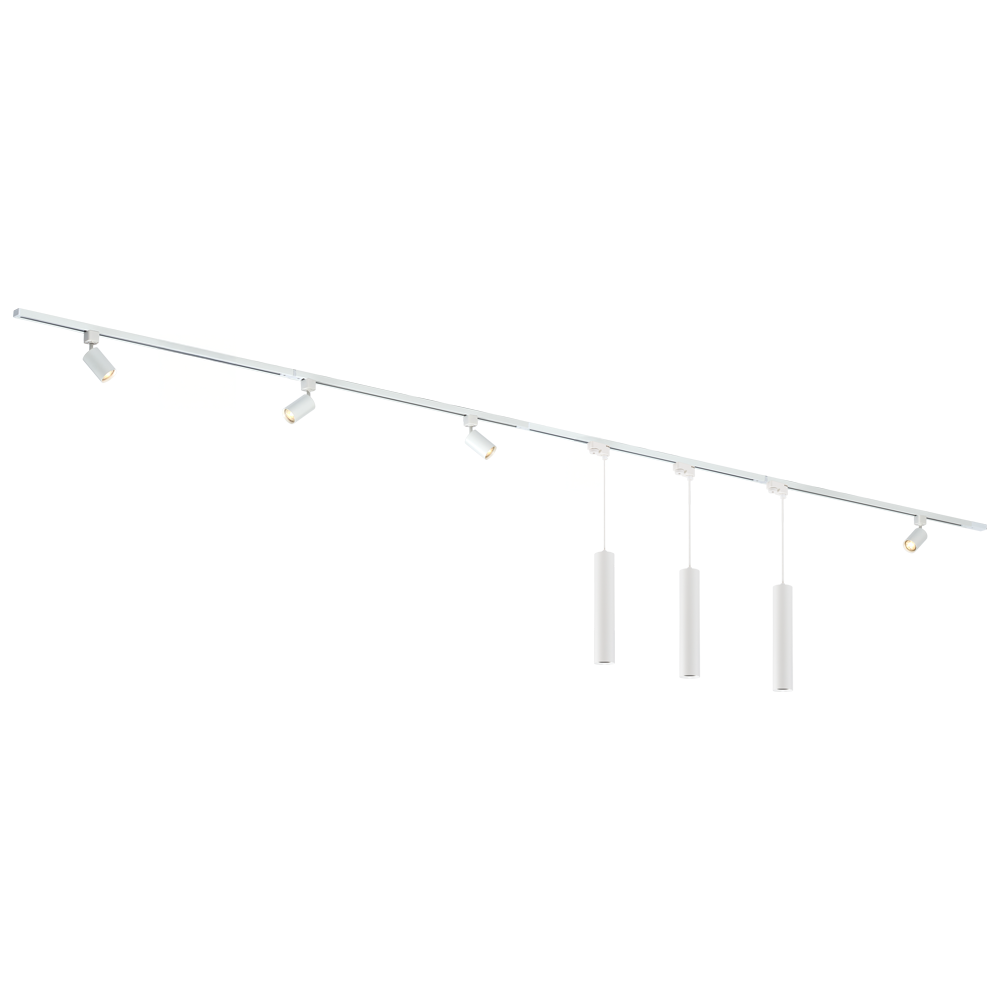 Qub Éclairage sur rail Focus III, 4 spots et 3 suspensions Blanc - 400cm - Forme en I Qub Éclairage sur rail Focus III, 4 spots et 3 suspensions Blanc - 400cm - Forme en I