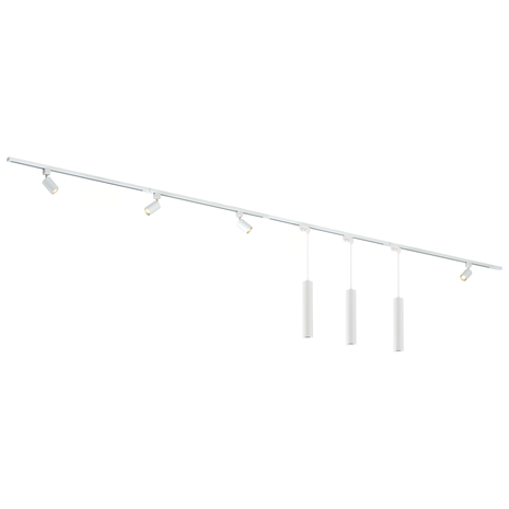 Qub Éclairage sur rail Focus III, 4 spots et 3 suspensions Blanc - 400cm - Forme en I Qub Éclairage sur rail Focus III, 4 spots et 3 suspensions Blanc - 400cm - Forme en I