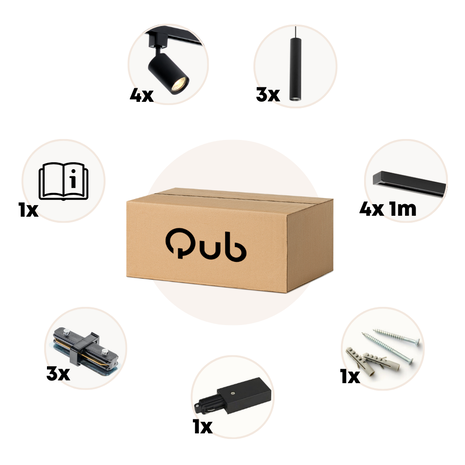 Qub Éclairage sur rail Focus III, 4 spots et 3 suspensions Noir - 400cm - Forme en I