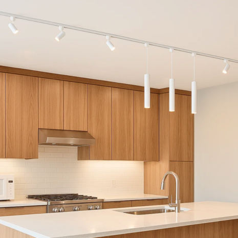 Qub Focus III Track Lighting 4 Spots and 3 Pendant Lights White - 400cm - I-Shape Qub Focus III Track Lighting 4 Spots and 3 Pendant Lights White - 400cm - I-Shape