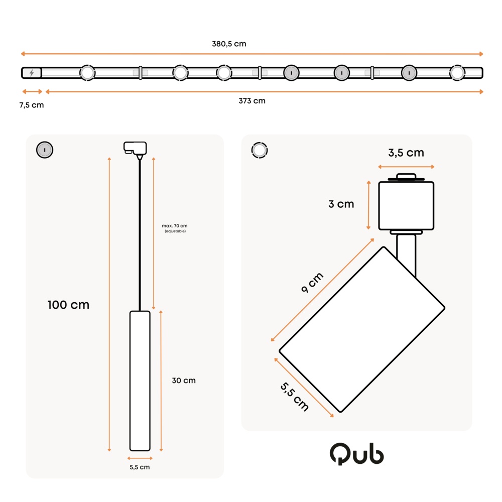 Qub Éclairage sur rail Focus III, 4 spots et 3 suspensions Noir - 400cm - Forme en I