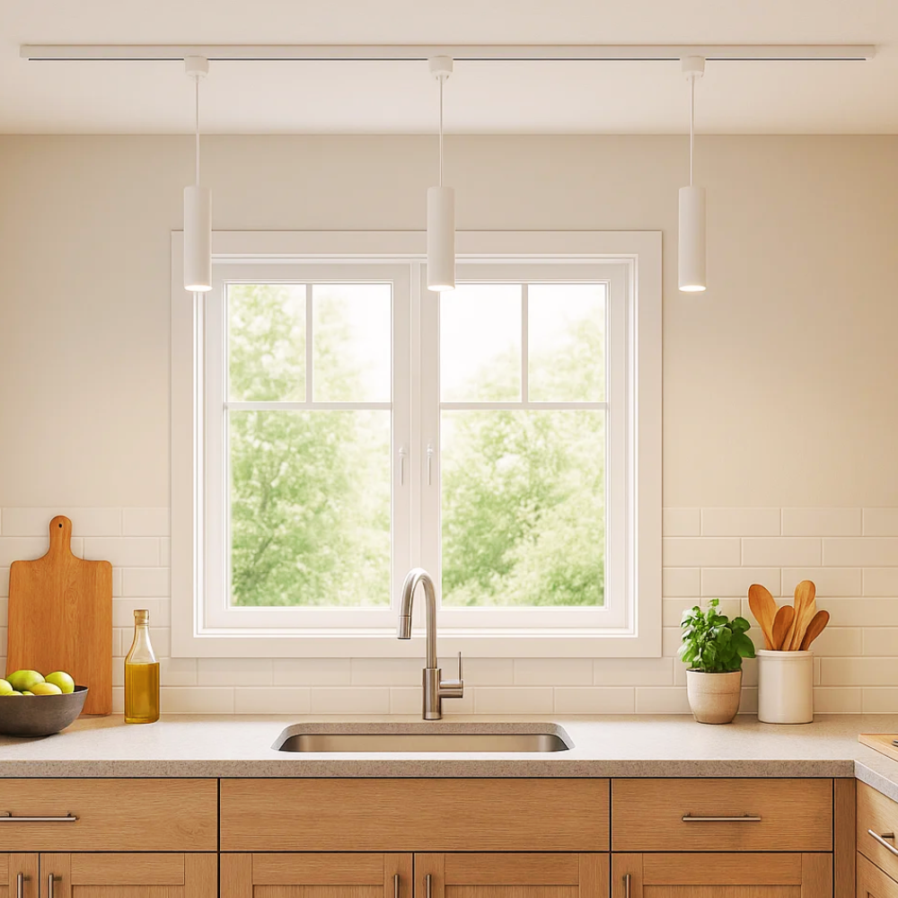 Qub Focus III - Éclairage sur rail monophasé - GU10 - 200cm - Forme I - 3 lampes suspendues - Système sur rail - Blanc