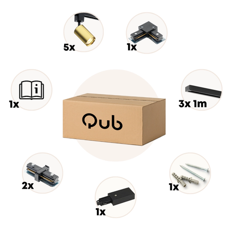 Qub Focus III - Éclairage sur rail à monophasé - GU10 – 300cm – forme de L - 5 spots - Système de rails - Or avec Noir