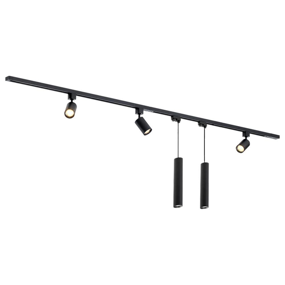 Qub Focus III 200cm 3 Spots and 2 Pendant Lamps GU10 Track Lighting Black Qub Focus III 200cm 3 Spots and 2 Pendant Lamps GU10 Track Lighting Black