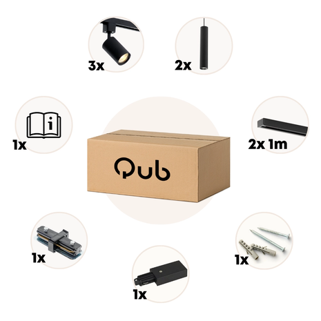 Qub Qub Focus III Monophasé Luminaire Plafonnier Kit Complet – 200cm - Set 3 Spot & 2 Suspension Luminaire - 2x 1m Barre de Spot Plafond –  I-Form - GU10 & LED Compatible Plafonnier intérieur Noir Moderne