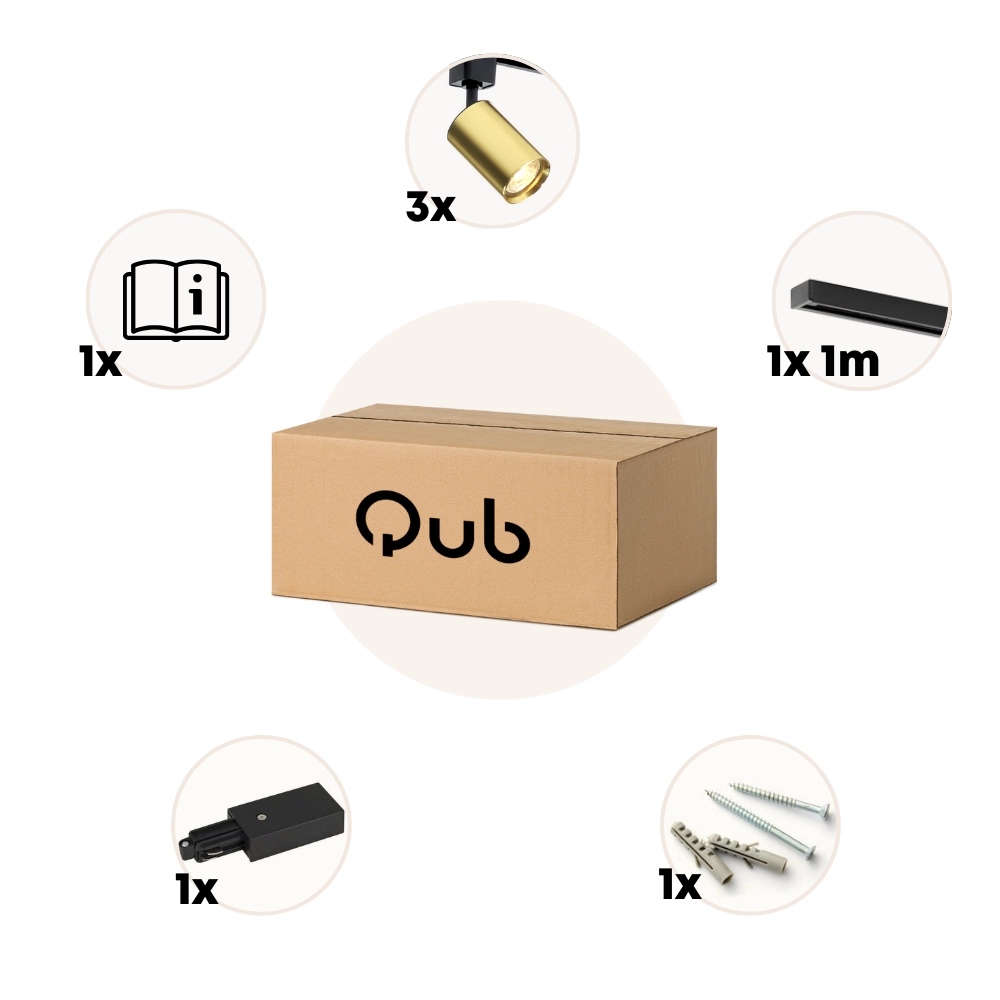 Qub Focus III - 1-Fase  Railverlichting - GU10 – 100cm – i-vorm - 3 spots - Railsysteem - Goud met Zwart