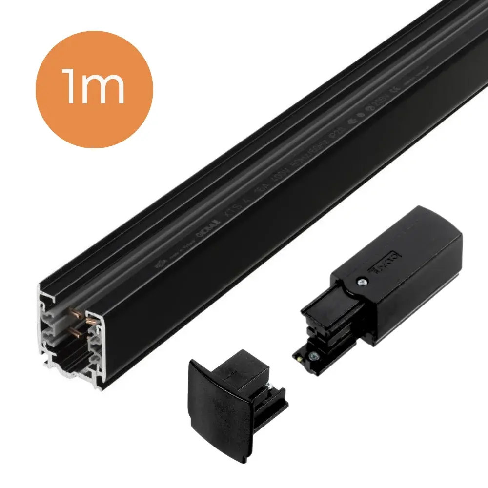 3-fase spanningsrails - opbouw - 1 meter - Zwart - inclusief eindvoeding & eindkap