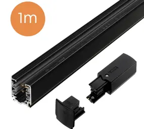Rail Électrique Universel 3 Phases - Installation en Saillie - 1 mètre - Noir - avec alimentation d’extrémité & embout Rail Électrique Universel 3 Phases - Installation en Saillie - 1 mètre - Noir - avec alimentation d’extrémité & embout