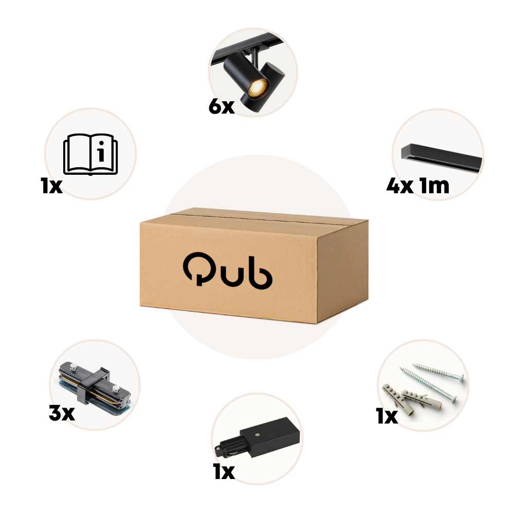 Qub 1-Phasen-Schienensystem – GU10 – 400 cm – I-Form – 6 Viror Duo Spots – Schienensystem – Schwarz