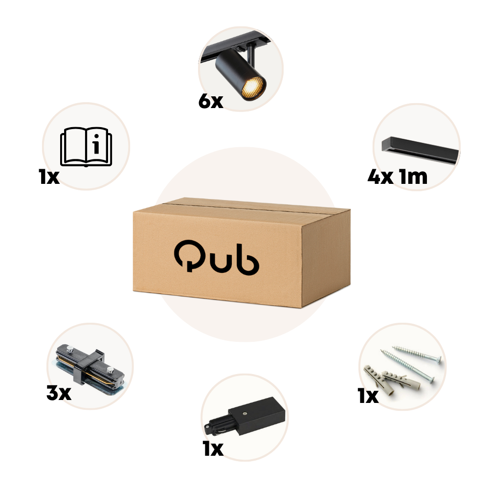 Qub Éclairage sur rail monophasé – GU10 – 400 cm – forme I – 6 spots Viror Mesh – système sur rail – Noir