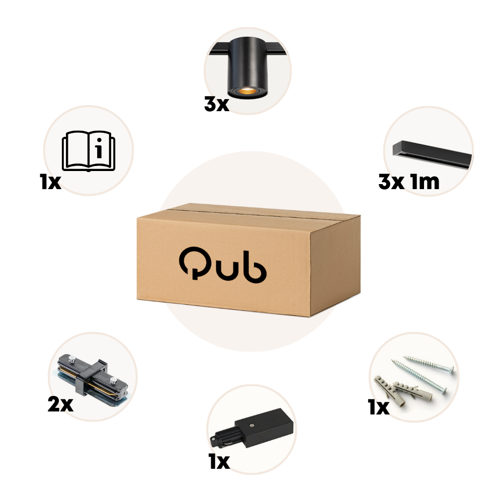 Qub  1-Fase Railverlichting - GU10 - 300cm - I-vorm - 3 Viror Orbit spots - Railsysteem - Zwart