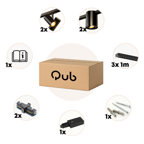 Qub 1-circuit track lighting - GU10 - 300 cm - I-shape - 2 Viror Duo spots - 2 Viror Orbit spots - track system - black