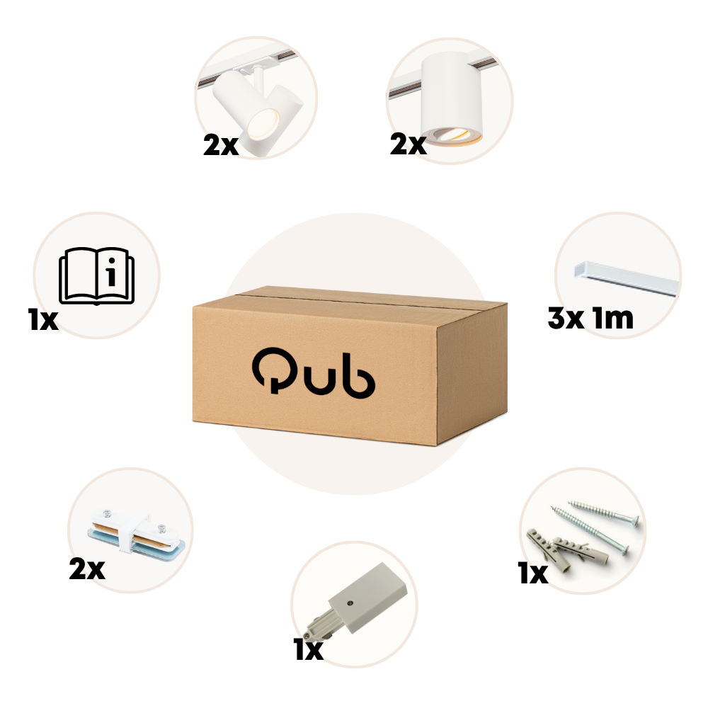 Qub 1-Fase Railverlichting - GU10 – 300cm – I-vorm - 2 Viror Duo spots - 2 Viror Orbit spots  - Railsysteem – Wit