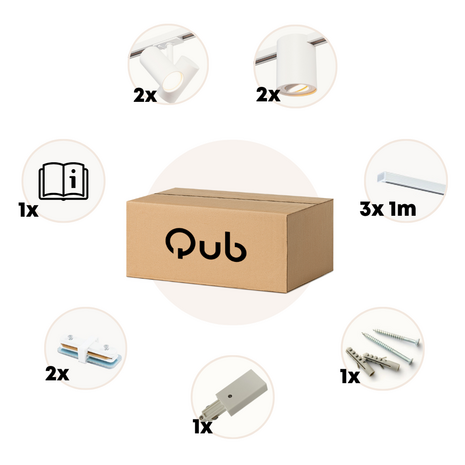 Qub Focus III 1-Fase Railverlichting - GU10 – 300cm – I-vorm - 2 Viror Duo spots - 2 Viror Orbit spots - Railsysteem – Wit Qub Focus III 1-Fase Railverlichting - GU10 – 300cm – I-vorm - 2 Viror Duo spots - 2 Viror Orbit spots - Railsysteem – Wit