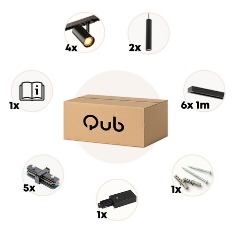 Qub  1-Fase Railverlichting - GU10 – 600cm – I-vorm - 4 Viror Mesh spots - 2 Hanglampen  - Railsysteem – Zwart