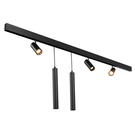 Qub Line Magnetic Rail - 2 Metres - 3x Railspot Single + 2x Pendant Lamp Single - Black - Zigbee - Smart lighting Qub Line Magnetic Rail - 2 Metres - 3x Railspot Single + 2x Pendant Lamp Single - Black - Zigbee - Smart lighting