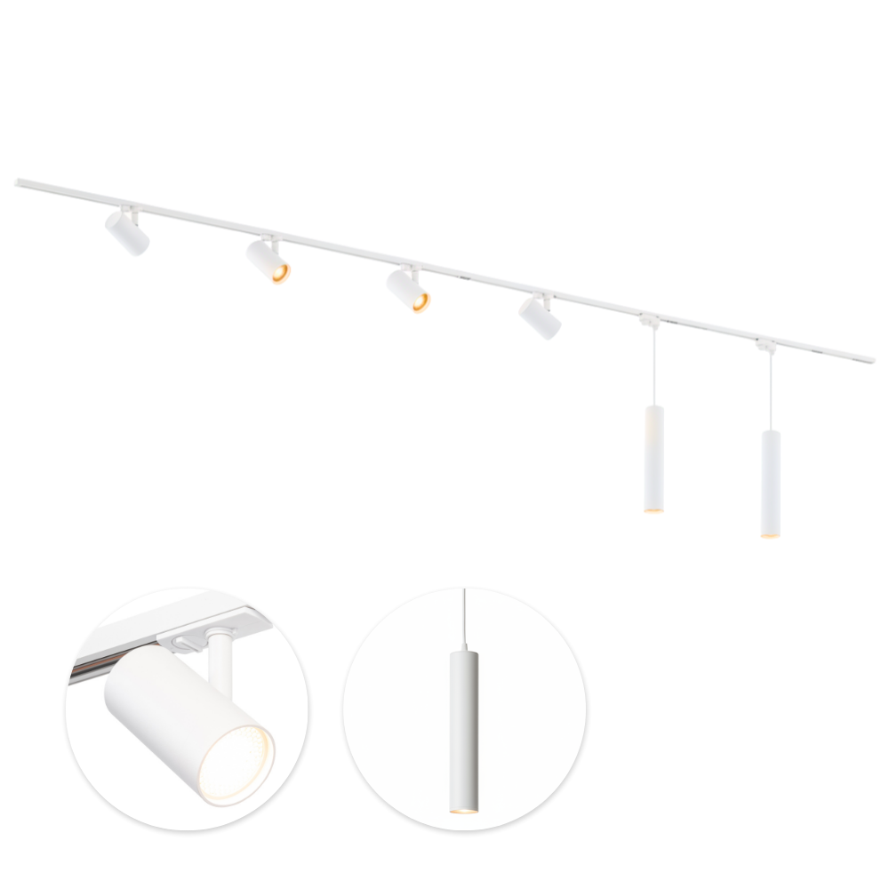Qub 1-Phasen Schienenbeleuchtung – GU10 – 600cm – I-Form – 4 Viror Mesh Spots – 2 Pendelleuchten – Schienensystem – Weiß