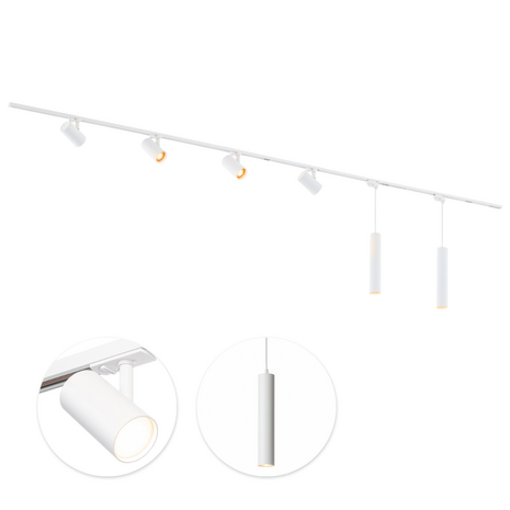 Qub  1-Fase Railverlichting - GU10 – 600cm – I-vorm - 4 Viror Mesh spots - 2 Hanglampen  - Railsysteem – Wit