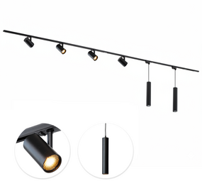 Qub Schienensystem 600cm mit 4 Viror Mesh Spots und 2 Pendelleuchten GU10 Schwarz