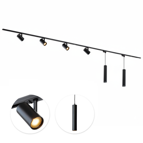 Qub 1-Circuit Track Lighting – GU10 – 600cm – I-shape – 4 Viror Mesh spots – 2 pendant lights – Track system – Black
