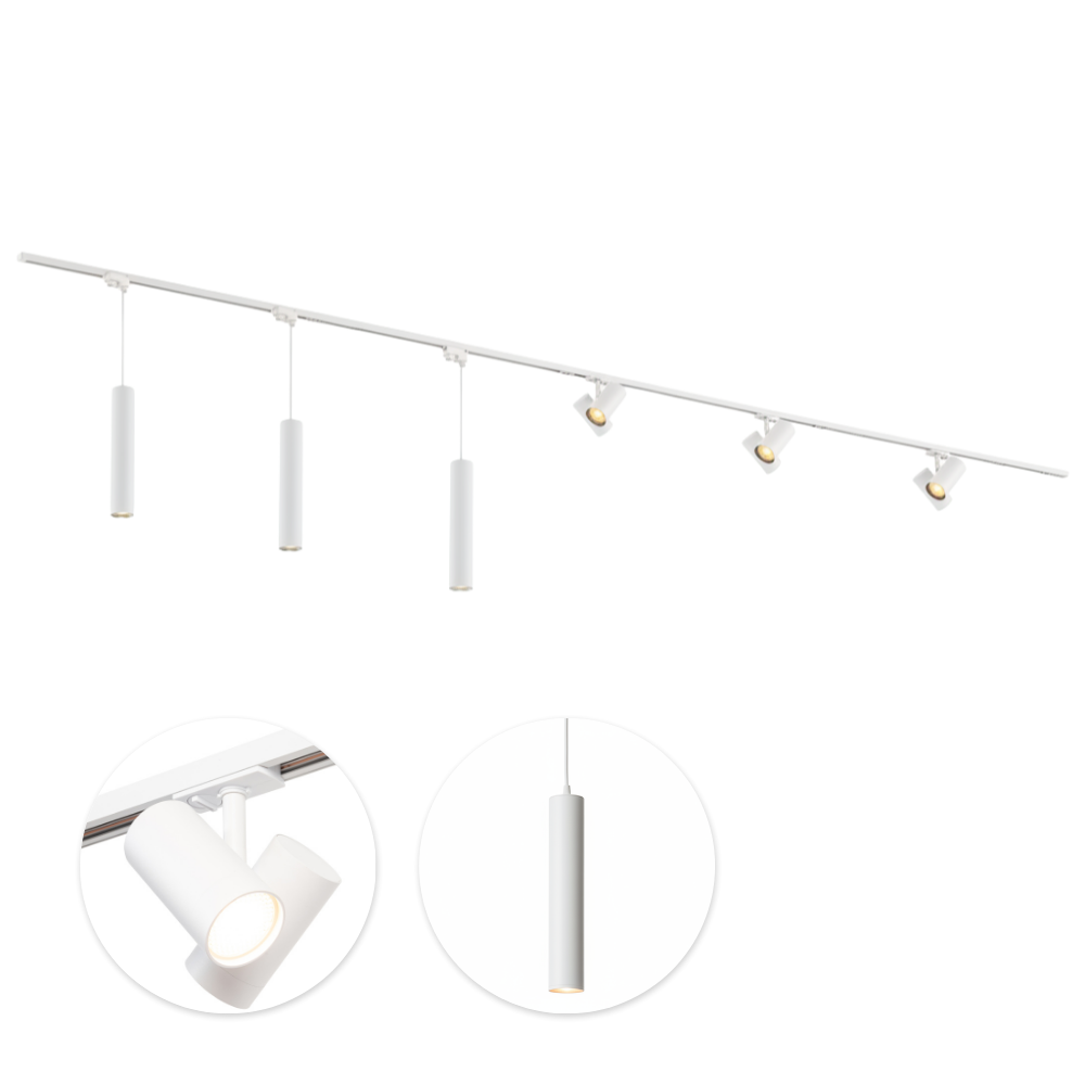 Qub 1-Circuit Track Lighting – GU10 – 600cm – I-shape – 3 Viror Duo spots – 3 pendant lights – Track system – White