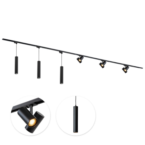 Qub  1-Circuit Track Lighting – GU10 – 600cm – I-shape – 3 Viror Duo spots – 3 pendant lights – Track system – Black