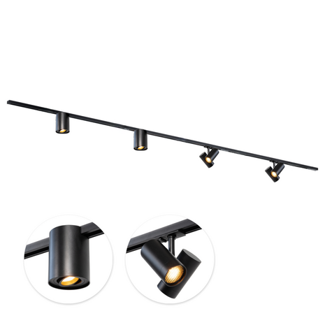 Qub 1-Fase Railverlichting - GU10 – 300cm – I-vorm - 2 Viror Duo spots - 2 Viror Orbit spots  - Railsysteem – Zwart