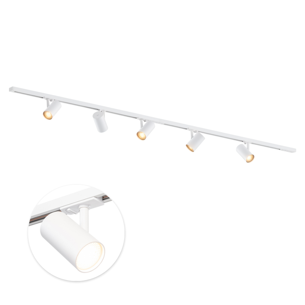 Qub 1-Phasen-Schienensystem – GU10 – 200 cm – I-Form – 5 Viror Mesh Spots – Schienensystem – Weiß