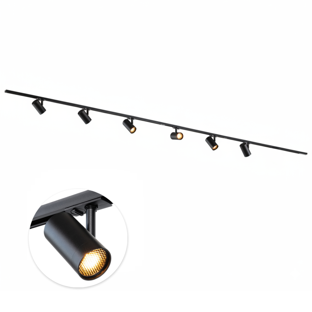Qub 1-phase track lighting – GU10 – 400 cm – I-shape – 6 Viror Mesh spots – track system – Black