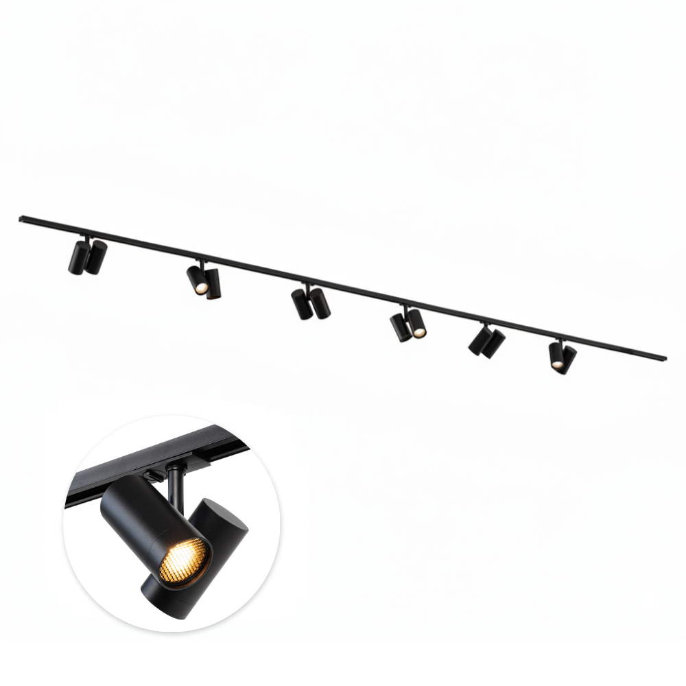 Qub 1-Phasen-Schienensystem – GU10 – 400 cm – I-Form – 6 Viror Duo Spots – Schienensystem – Schwarz